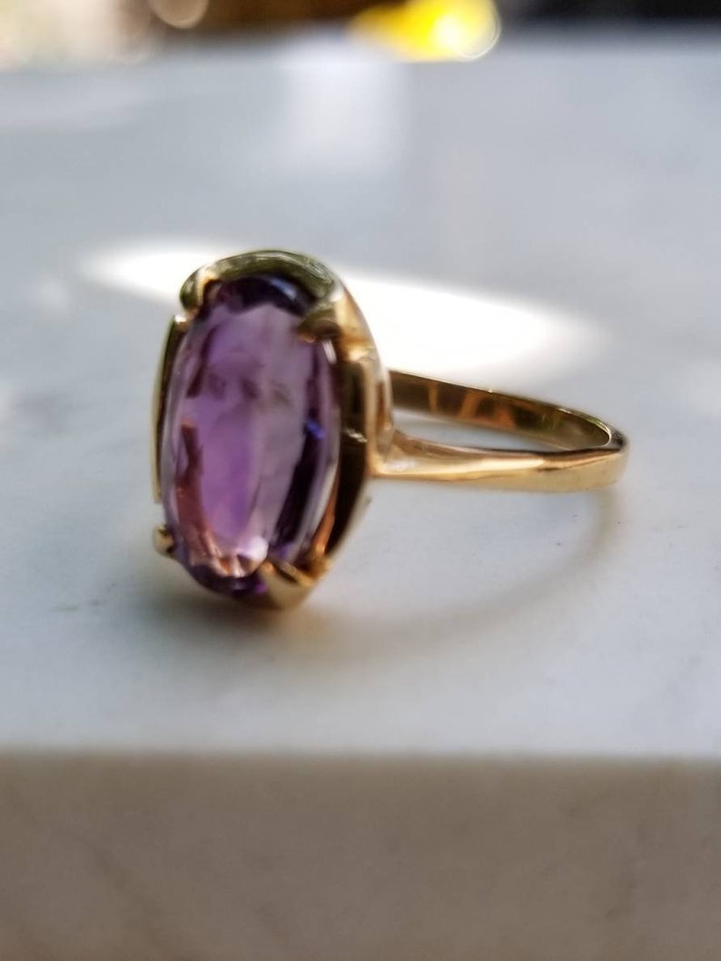 Three 3 February Birthstone Gift for Her Engagement Purple Gemstone Amethyst 14K Yellow Gold Ring Size 7 Carats Natural Solitaire