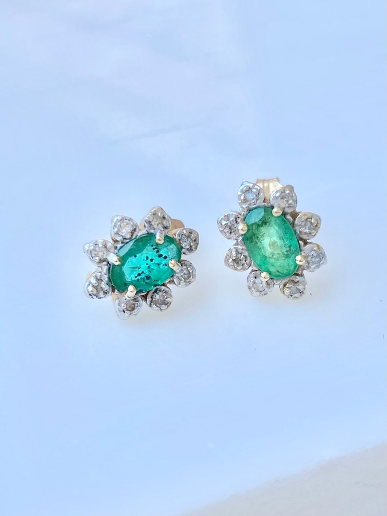 Diamond Emerald Studs, One Carat, 14k Gold Stud Halo Earrings image 8