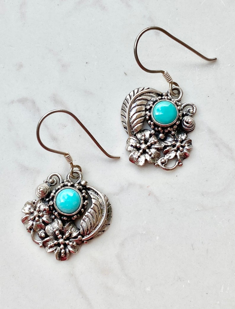 Wedding Gift for Her Southwest Leave and Flowers Vintage Turquoise Sterling Silver Drop Earrings Bridal Bohemian Tribal Large Dangle