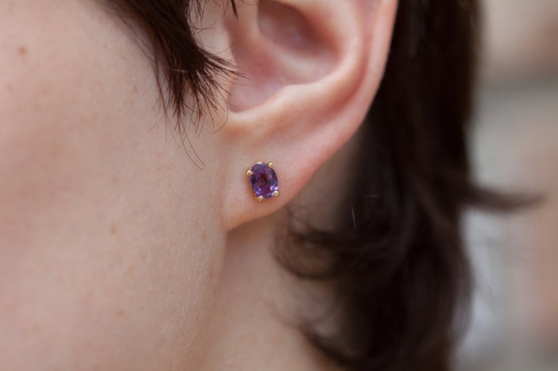 Estate 14kt Yellow Gold Purple Amethyst Oval Pierced Stud Earrings Stud Earrings February Birthstone