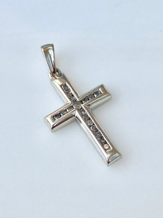 14K White Gold Cross, Diamond Cross Pendant, Faith