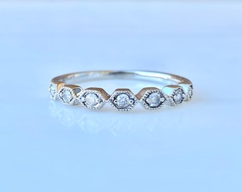 Thin Diamond Wedding Band, 10k White Gold Stackable Ring, Scalloped Wedding Band