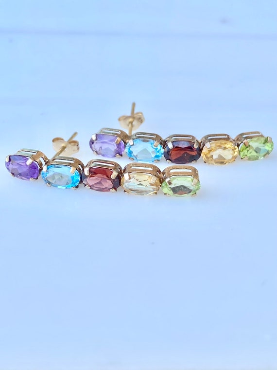 Multi Gemstone Gold Earrings, 10k Amethyst, Garne… - image 1