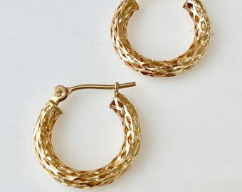 14k Solid Gold Hoops, Yellow Gold Hoop Earrings, Lattice Hoop Design