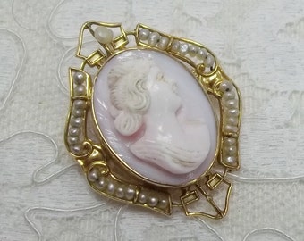 Antique Pink Coral Angel Skin Cameo Pendant Brooch in 10K Yellow Gold with Seed Pearls