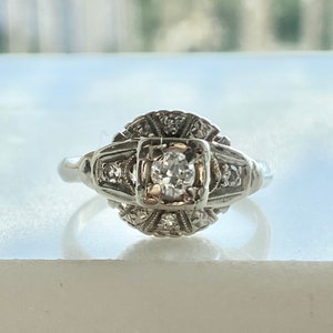 Art Deco Style Engagement Ring, 14k White Gold Diamond Ring, Solid Gold Vintage Ring image 9