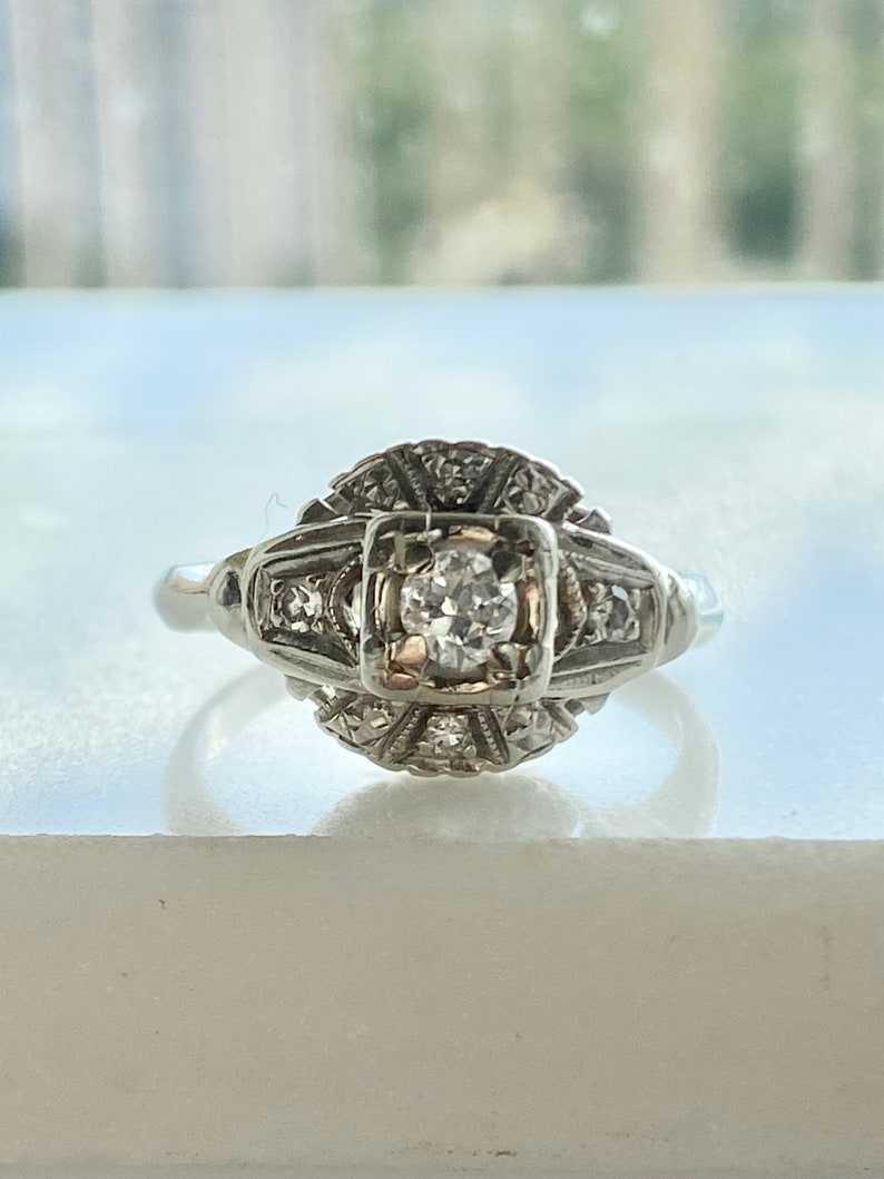 Art Deco Style Engagement Ring, 14k White Gold Diamond Ring, Solid Gold Vintage Ring image 9