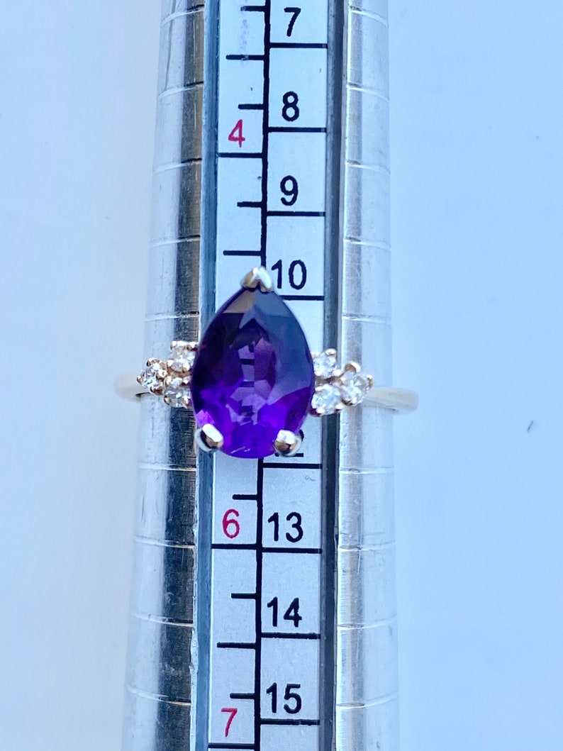 Amethyst Diamond Gold Ring, 14k Gold Ring, Size 5 1/2, Engagement, Pear Cut, February Birthstone Ring image 7