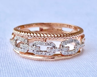 Cuban Link Ring in 14k Rose Gold with Diamond, Size Eight (8), Half Carat Diamonds, .50 ct., Miami, 8 mm Wide Wedding Band