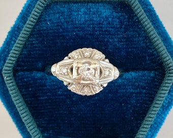 Art Deco Style Engagement Ring, 14k White Gold Diamond Ring, Solid Gold Vintage Ring