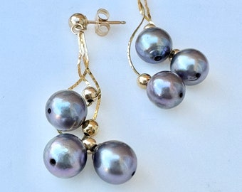 Grey Pearl 14k Gold Drop earrings, Yellow Gold Chain Earrings