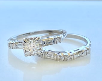 Diamond Wedding Set, 14k Gold, Engagement Ring And Matching Wedding Band, Size 6, 1940's Vintage Style