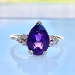 Amethyst Diamond Gold Ring, 14k Gold Ring, Size 5 1/2, Engagement, Pear Cut, February Birthstone Ring image 1