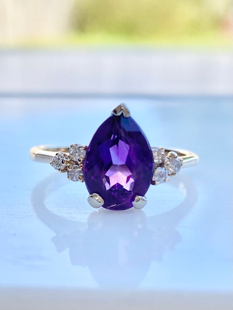 Amethyst Diamond Gold Ring, 14k Gold Ring, Size 5 1/2, Engagement, Pear Cut, February Birthstone Ring image 1