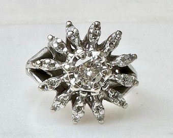 Vintage Diamond Cluster Engagement Ring , Natural Diamond Flower Ring in Solid 14k White Gold, Daisy Diamond Ring