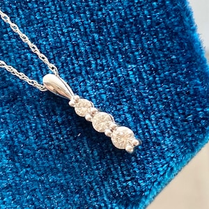 Natural Diamond Pendant, Three Stone Necklace, 14k Solid White Gold Necklace