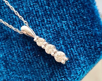 Natural Diamond Pendant, Three Stone Necklace, 14k Solid White Gold Necklace