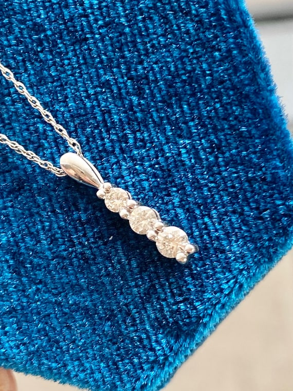 Natural Diamond Pendant, Three Stone Necklace, 14… - image 1