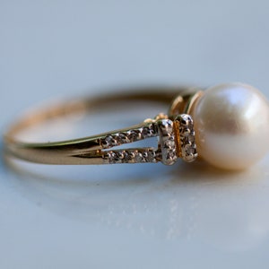 Estate Pearl and Diamond Accent Ring Set in 14K Solid Yellow Gold, Size 7 / Pearl Ring / Pearl Engagement Ring / image 3
