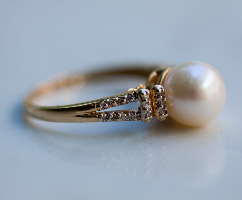 Estate Pearl and Diamond Accent Ring Set in 14K Solid Yellow Gold, Size 7 / Pearl Ring / Pearl Engagement Ring / image 3