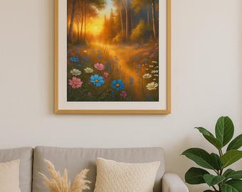 Boho Wildflower Forest Print – Złoty krajobraz zachodu słońca (do pobrania w wersji cyfrowej)