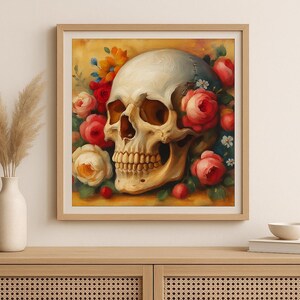 Skull with Roses Wall Art – Gothic Floral Printable  Dark Academia Decor Vintage Skull Print Boho Macabre Art for Living Room Gallery Wall