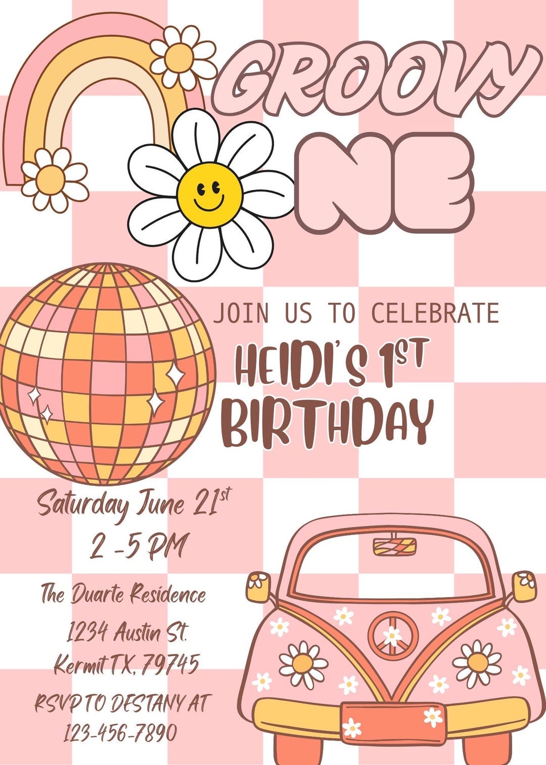 Editable Groovy One 1st Birthday Invitation | Retro Daisy Disco First ...