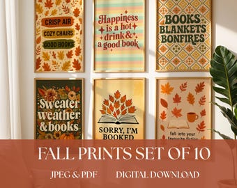 Fall Prints Art Set, Autumn Prints, Book poster, Literary Wall Art, Reading Posters, Cozy Fall Decor, Warm Tones Wall Art, Digital Download