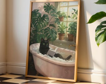 Black Cat Bathroom Art, Black Cat Reading, Digital Download, Funny Cat Wall Art Print, Reading Poster, Black Cat Painting, Bathroom Decor