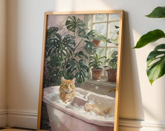 Ginger Cat Reading, Digital Download, Wall Art Print, Reading Poster, Ginger Cat Painting, Reading Cat Art, Bathroom Decor, Book Lover Gift