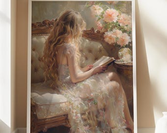Charming Wall Decor: Girl Reading a Book Print for Your Reading Nook, Digital Download, Wall Art Print, Reading Poster, Book Lover