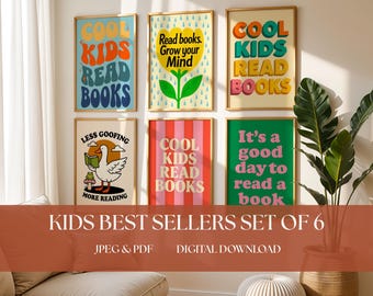 Best Seller Posters, Set of 6, Cool Kids Read Books, Kids Room Wall Art,  Inspirational Classroom Posters, Digital Wall Art Bundle