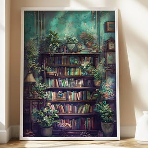 Romantic Bookshelf Illustration, Dark Academia Decor, Digital Download, Book Art, Vintage Book Poster, Library Poster, Book Nook Wall Art