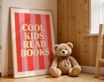 Kids Reading Wall Art Printable, Pink Stripe Classroom Decor, Book Lover Kids Print, Teacher Gift, Preppy Children Room Poster, Download