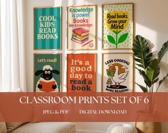Classroom Posters Set of 6, Inspiring Reading Posters, Kids Room Decor, Literary Wall Art, Cool Kids Read Books