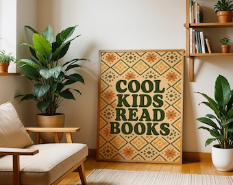 Cool Kids Read Books, Digital Download Poster, Kids Book Wall Art, Inspirational Classroom, Kids Room Poster, Retro Poster, Bookish Poster