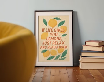 If Life Gives You Lemons, Digital Download Poster, Lemons Wall Art, Bookish Quote, Retro Style Poster, Kitchen Wall Decor, Summer Wall Decor
