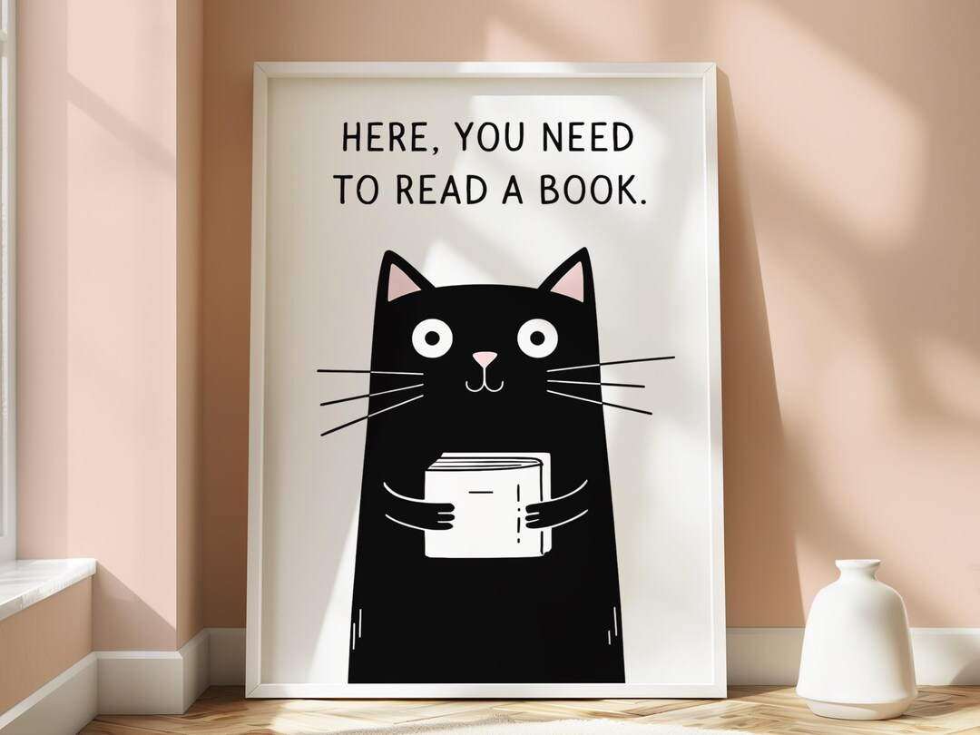 Funny Cat Poster, Digital Download, Whimsical Black Cat Poster, Bookish ...