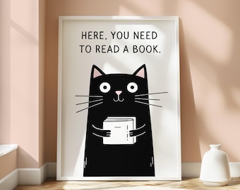 Funny Cat Poster, Digital Download, Whimsical Black Cat Poster, Bookish Print, Reading Poster, Cozy Reading Nook Print, Library Wall Art