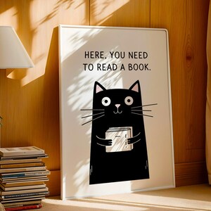 Funny Cat Poster, Digital Download, Whimsical Black Cat Poster, Bookish ...