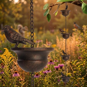 May include: A bronze-coloured metal rain chain featuring a series of connected bowls and small bird figurines attached to the links. The chain hangs vertically, with each bowl designed to catch water, and a larger bird figure perched on the top bowl.