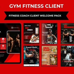 May include: A 25-page gym fitness client welcome pack template featuring a red background. The digital document includes sections for meal plans, body measurements, workout schedules, and coach information with black and red graphic design elements.
