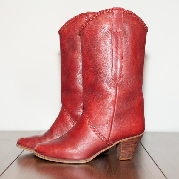 Deep Red Leather Cowboy Cowgirl Boot With Braid 6B