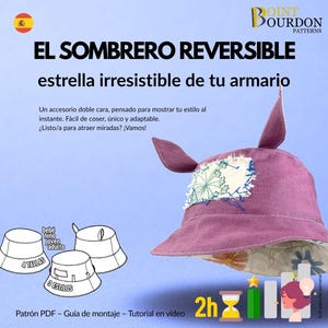 May include: A reversible purple hat with a unique design, featuring a floral patch and ear-like extensions. The image includes text in Spanish, promoting the hat as an irresistible wardrobe star. It also shows hat pattern diagrams.