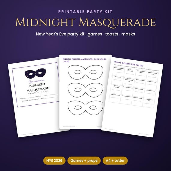 New Year's Eve Party Kit, Masquerade Invitation, Games & Props, New Years Eve Party, Nye Printable, Masquerade Party, Party Games
