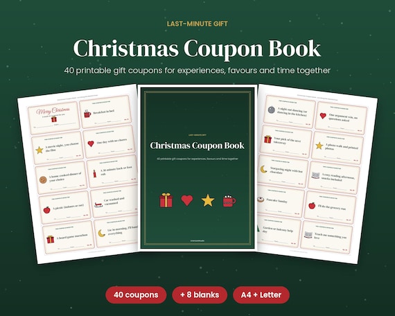 Christmas Coupon Book, 40 Printable Experience Gift Coupons for Family & Kids, Last Minute Christmas Gift, Stocking Stuffer