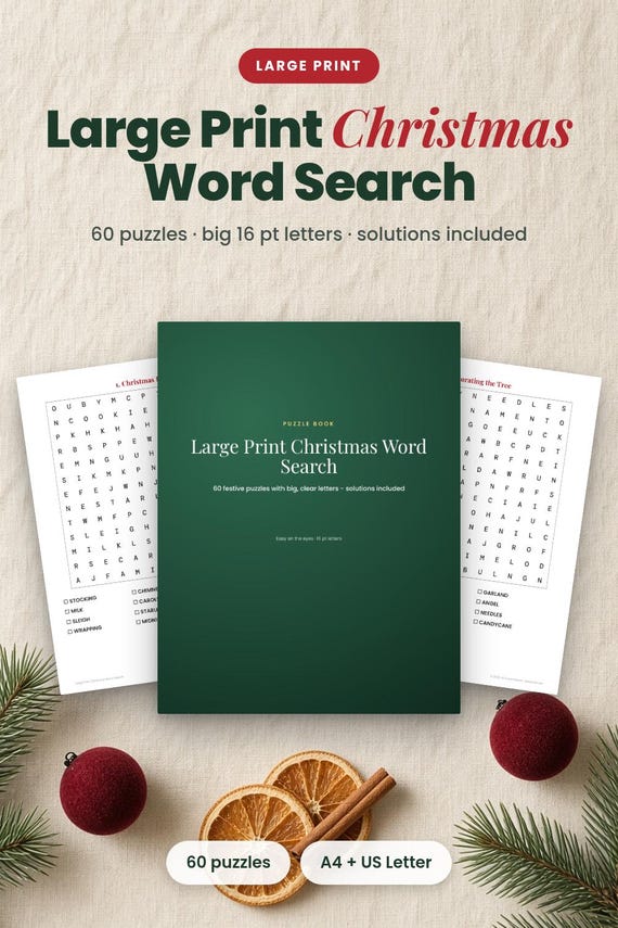 Large Print Christmas Word Search, 60 Puzzles for Seniors (PDF), Large Print Word Search, Printable Puzzles, Activity Book, Holiday Activity