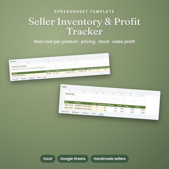Inventory, Pricing & Profit Tracker Spreadsheet, Handmade Shops, Inventory Spreadsheet, Pricing Calculator, Small Business, Craft Business