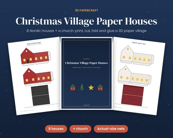 Christmas Village Paper Houses, Printable 3D Papercraft Templates, 8 Nordic Houses + Church, DIY Christmas Decor Craft