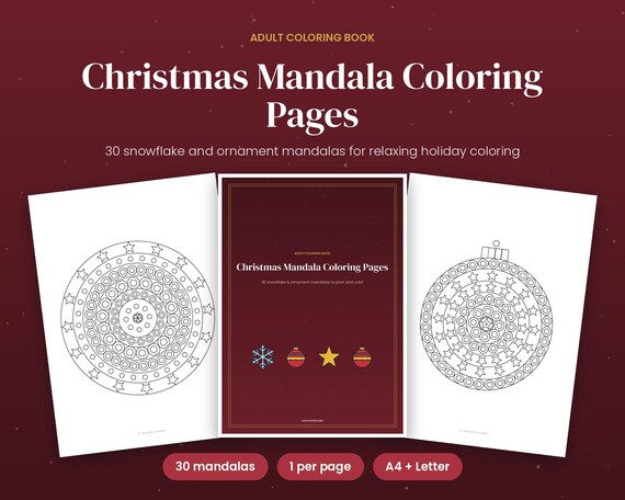 Christmas Mandala Coloring Pages for Adults, 30 Snowflake & Ornament Mandalas, Printable Holiday Coloring Book, Relaxing Gift
